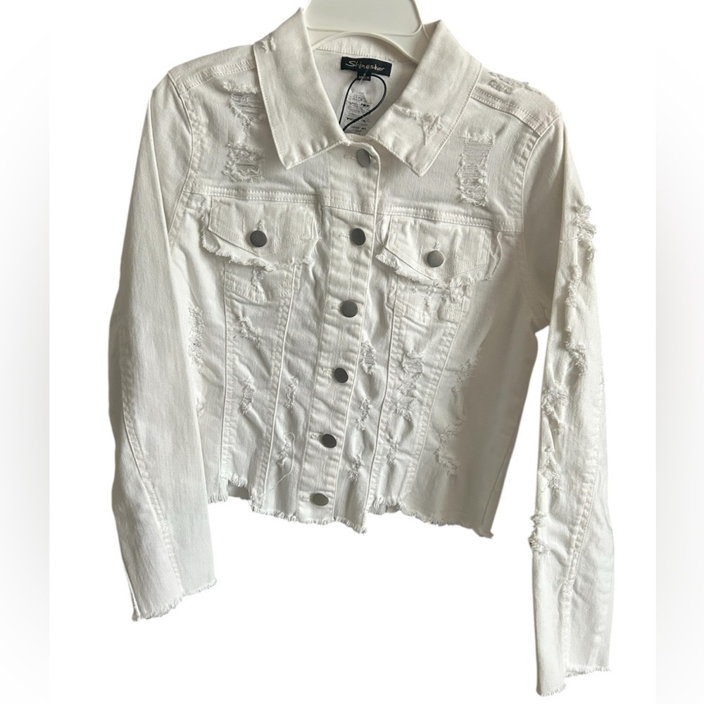 Shinestar White Distressed Cropped Denim Jacket Y2K Mini Baddie Girls Small